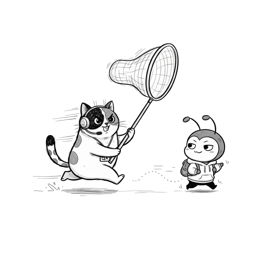 Illustration of a QA tester character chasing a bug with a net