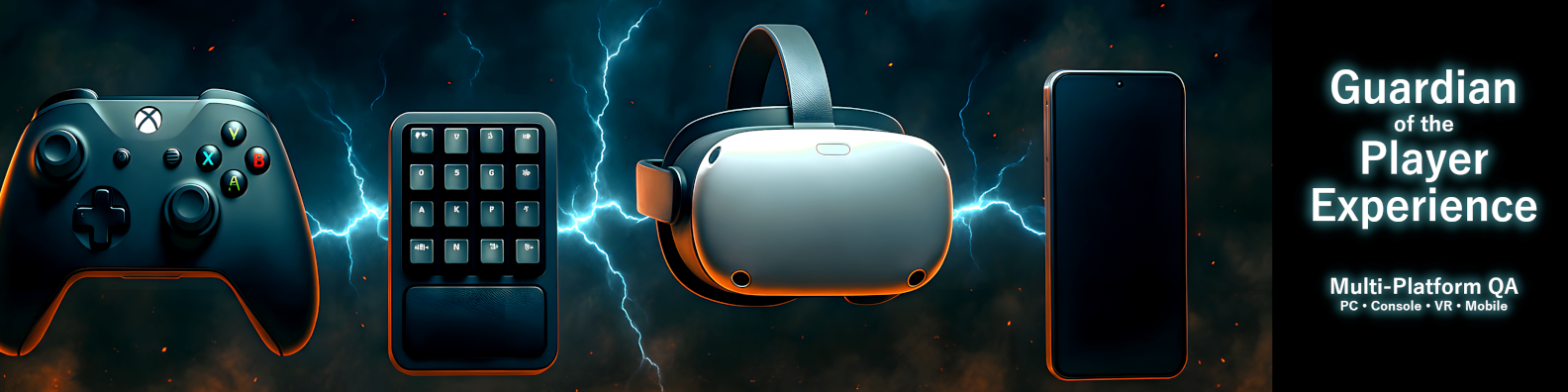 Games QA portfolio banner showing multi-platform testing across PC, mobile, and VR